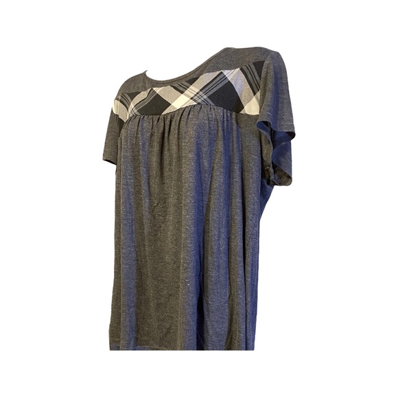 Rozaki Women’s Size XL Charcoal Gray & Plaid Pleated Short Sleeve Tunic Top - Picture 2 of 12